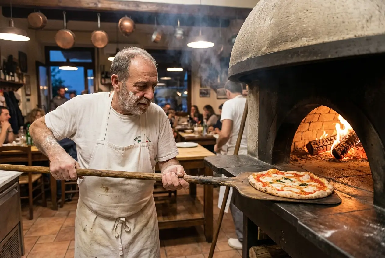 Pizzabäcker schiebt Pizza mit dem Holzschieber in den lodernden Steinofen