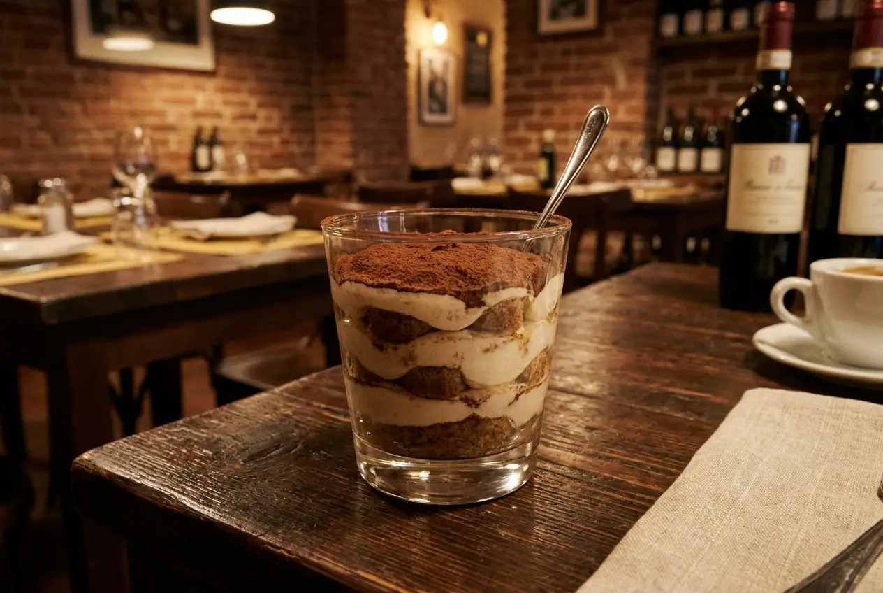 Hausgemachtes Tiramisù im Glas mit Kakao bestäubt