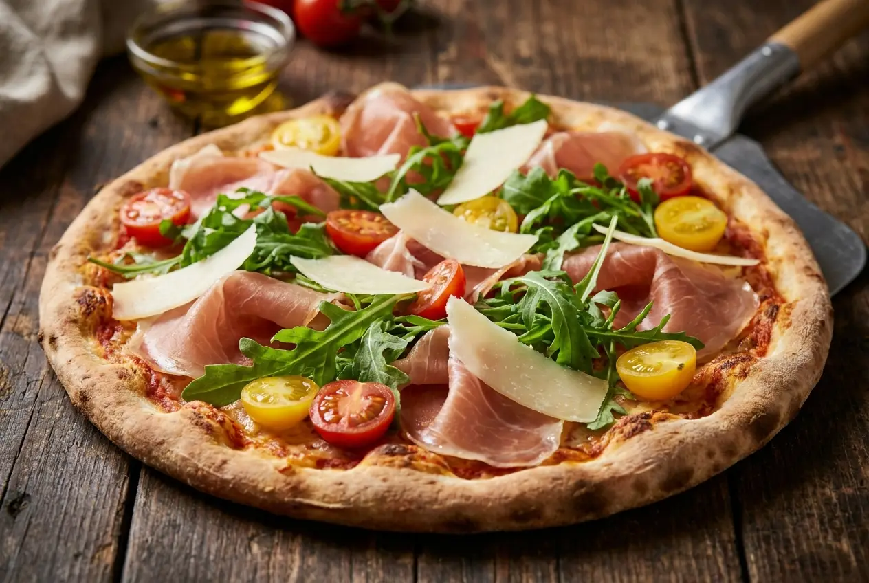 La Collina Special – Pizza mit Parmaschinken, Rucola, Cherrytomaten und Parmesan